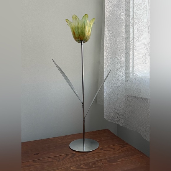 Vintage Glass Tulip Bendable Metal Leaves Candle Holder Post Modern - Picture 2 of 16
